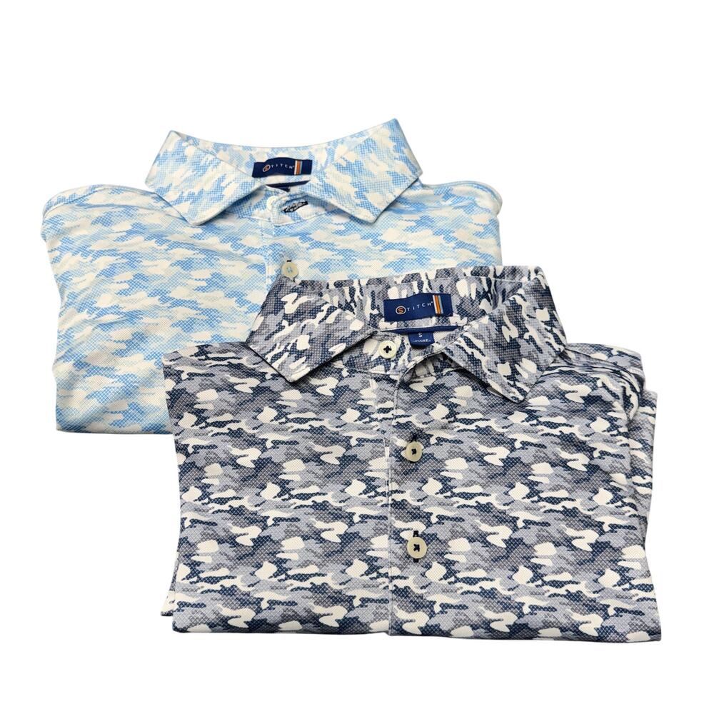 Lot‎ of 2 STITCH Polo Shirts Blue Camo Short Sleeve Mens Small Coastal Golf Tops